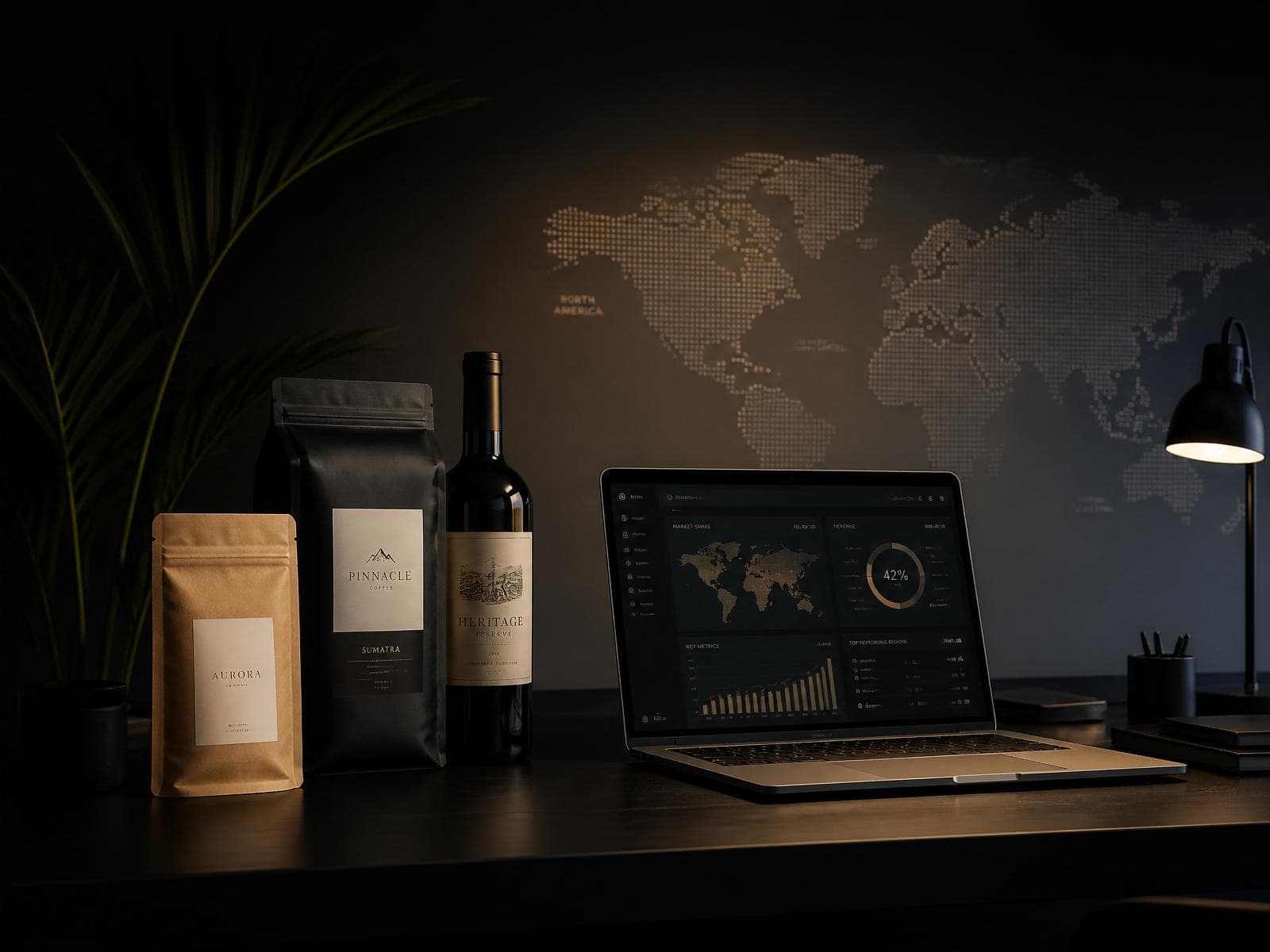 Consulting workspace with product samples, analytics dashboard, and global market map